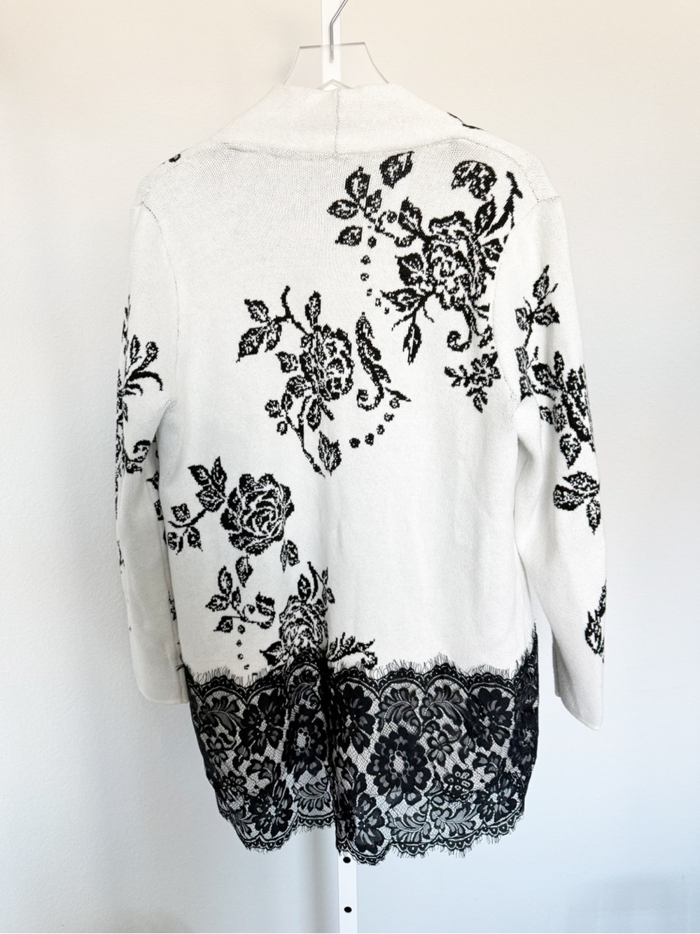 Chico's Long Open Cardigan Sweater Black and White Lace Fringe - Picture 3 of 8